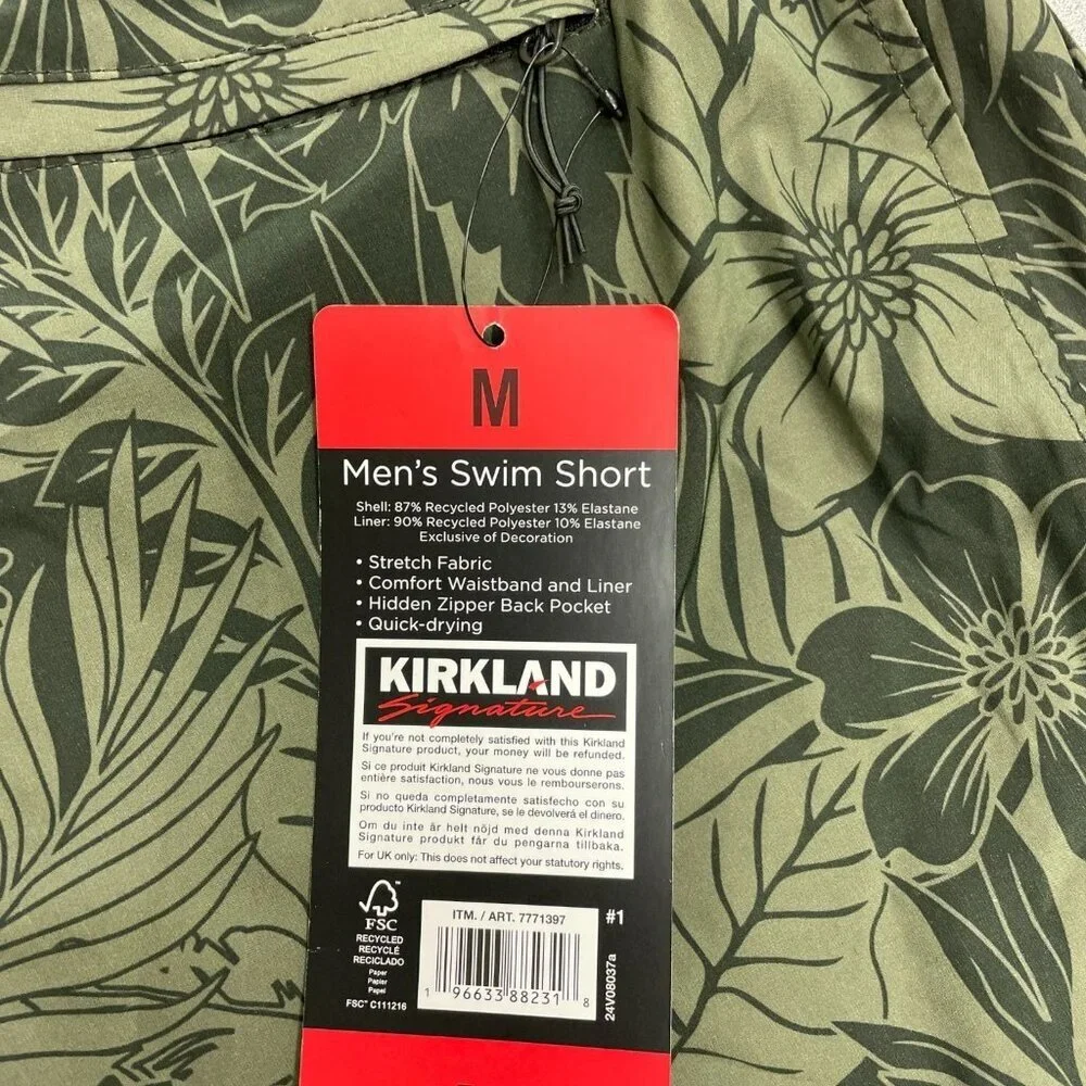 Kirkland Signature Men's M Swim Shorts Olive Green Floral N0994